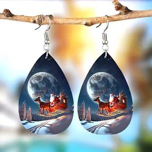 Christmas Earrings Santa Sleigh Reindeer Dangle Tear Drop Moon Holiday Stylish